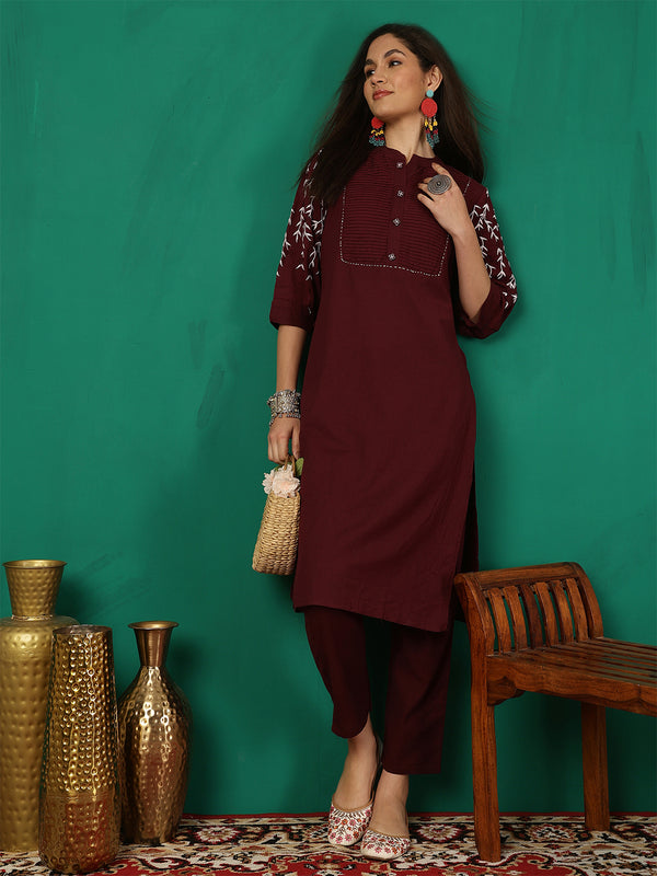 Women Maroon Silk Kurta with Trouser & Dupatta