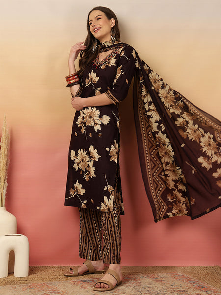 Women Brown Cotton Printed Adda Work Staright Kurta With Printed Trouser & Dupatta