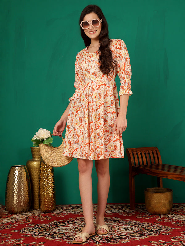 ANAISA Women Orange Pasley Printed Cotton , Round Neck, Knee Length Short Summer Dress