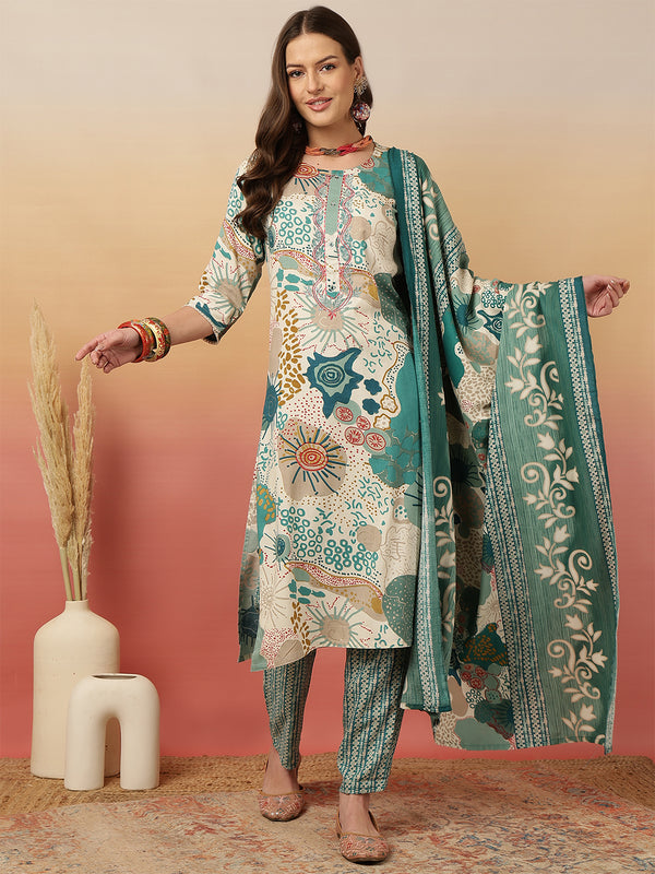Women Blue Digital Printed Kurta With Trouser & Dupatta