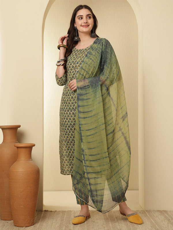 Women Cotton Printed Straight Kurta with Trouser & Dupatta