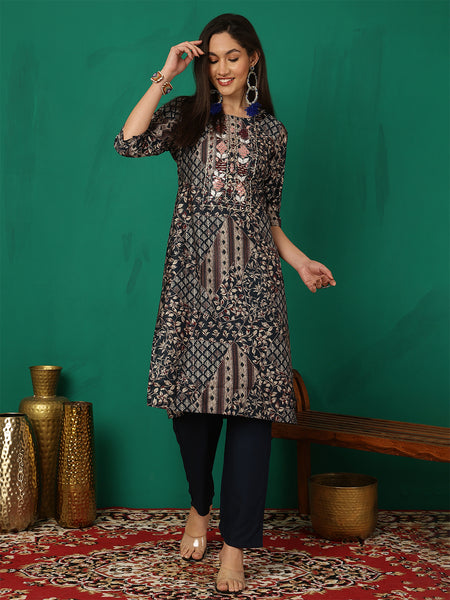 Women Navy Blue Foil Printed Kurta With Trouser