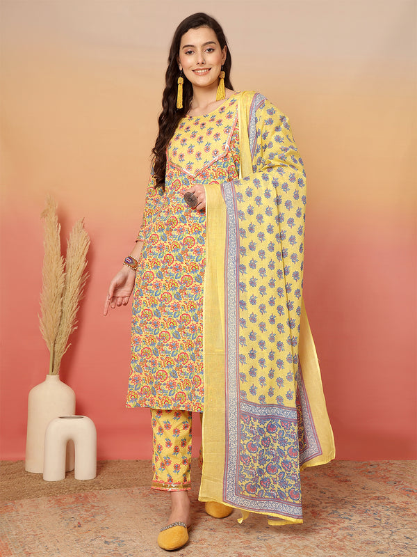 ANAISA Women Mustard Cotton Printed Round Neck, Calf Length, 3/4 Sleeves, Straight Kurta with Pant & Dupatta