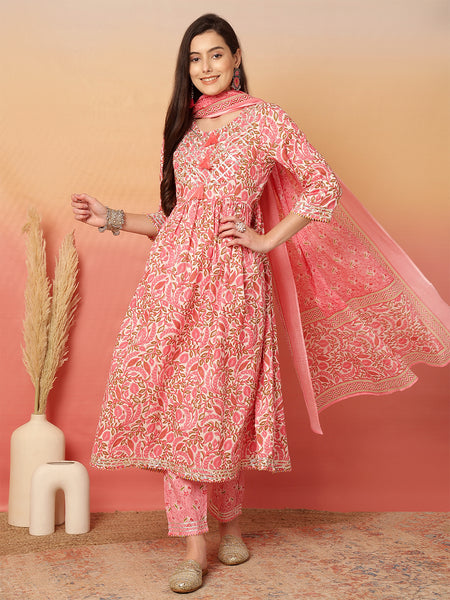 ANAISA Women Cotton Printed Round Neck, Gotta Work, Anarkali Kurta with Pant & Dupatta