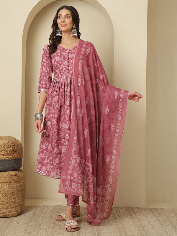 Women Cotton Printed Nayra Cut, Round Neck Kurta with Trouser & Dupatta