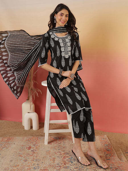 Women Black Regular wear Kurta with Trouser & Dupatta