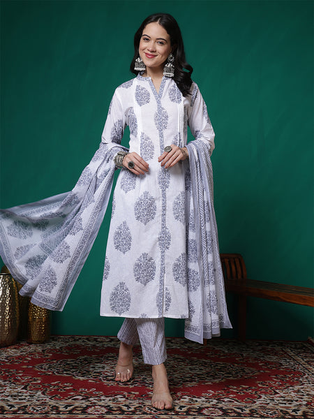 Women Pure Cotton White & Grey Printed Kurta with Trouser & Dupatta