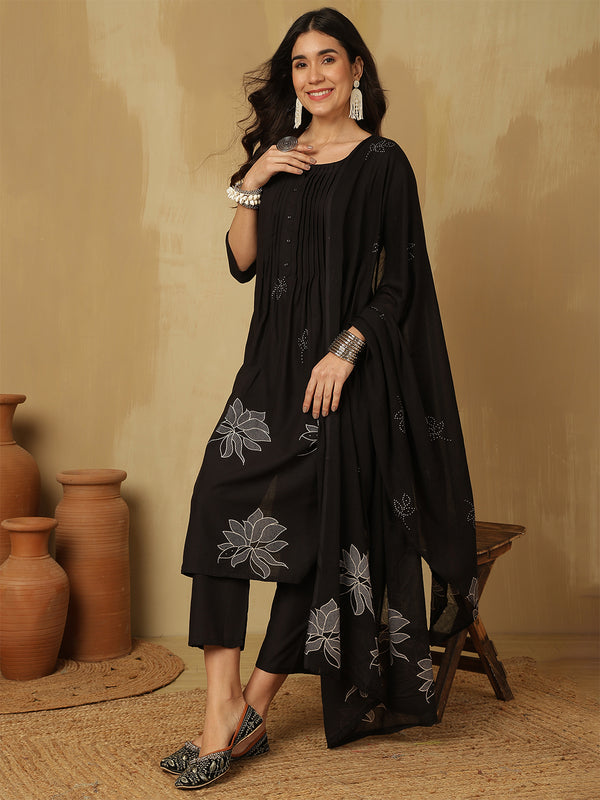 Women Black Cotton Discharge Printed A-Line Kurta With Trouser & Dupatta