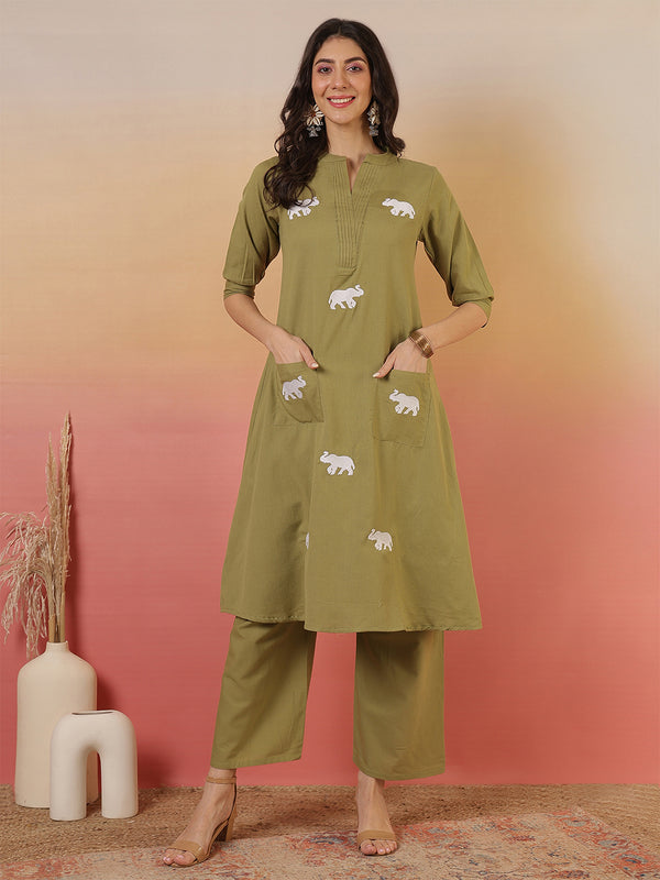 Women Solid Cotton Flex A-line Pocket Kurta with Palazzo Set