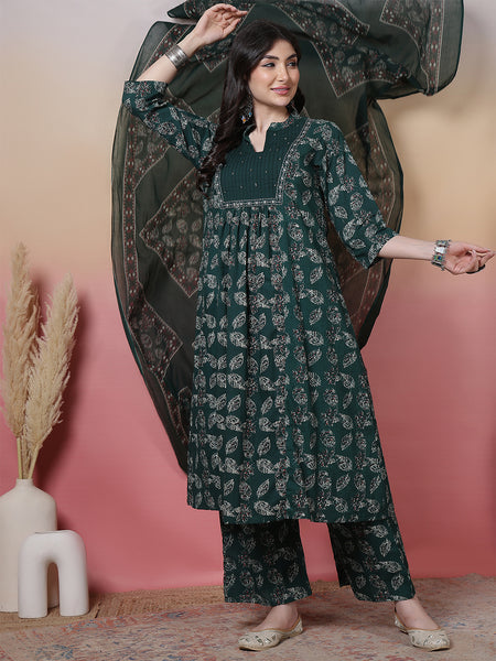 Women Green Floral Printed Hand Work Anarkali Kurta with Trouser & Dupatta