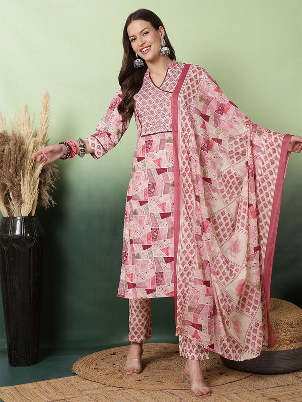 Women Pink Digital Printed V-neck Kurta with Trouser & Dupatta