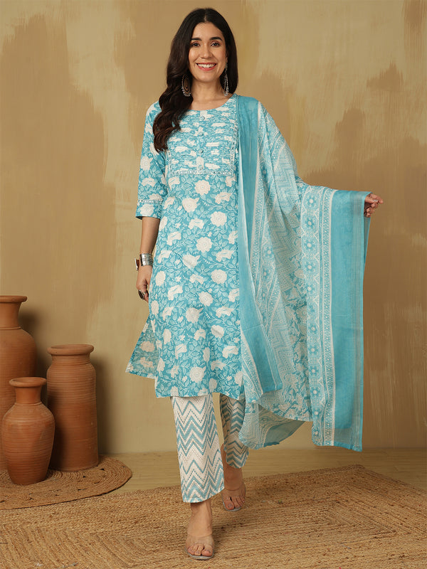 Women Sky blue Cotton Floral Printed Kurta With Trouser & Dupatta