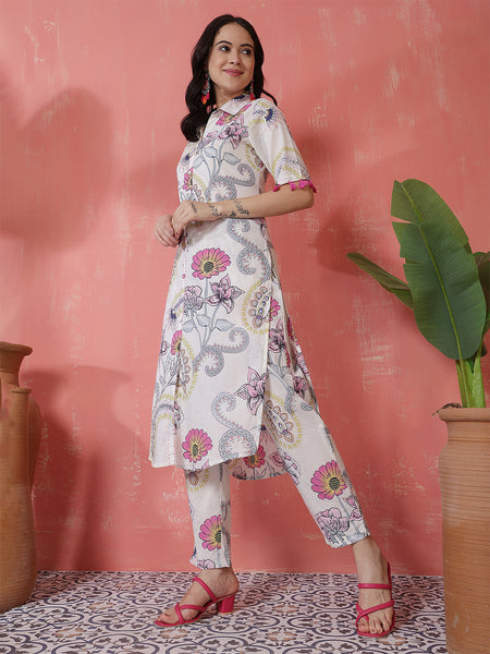 Women Green Pure Cotton Floral Printed Kurta with Trouser