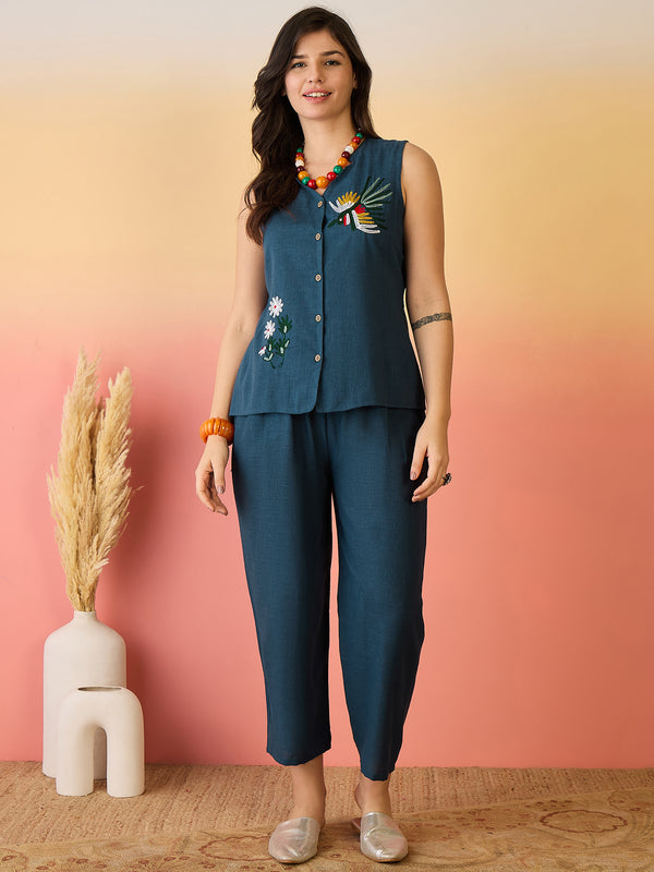 Women Cotton Navy Blue Embroidery Top With Trouser Co-ord Set