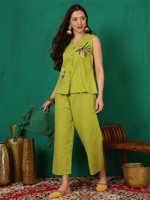 Women Cotton Lime Green Embroidery Top with Trouser Co-ord Set