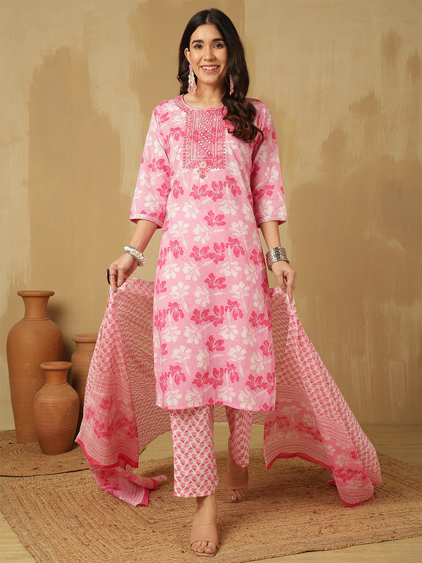 Women Pink Cotton Embroidery Kurta With Trouser & Dupatta