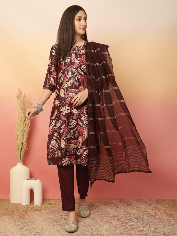 Women Wine Yoke Embroidery Kurta with Trouser & Dupatta