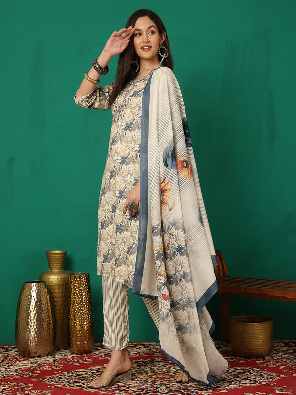 Women Ice Blue Yoke Embroidery Kurta with Trouser & Dupatta