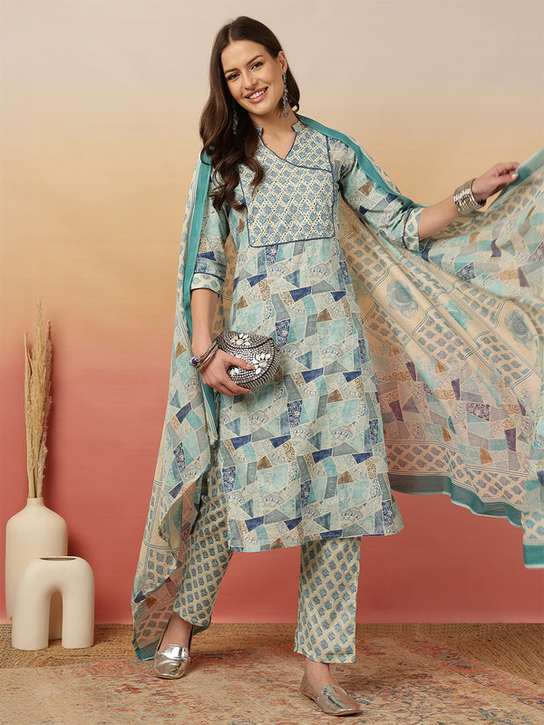 Women Blue Digital Printed V-neck Kurta with Trouser & Dupatta