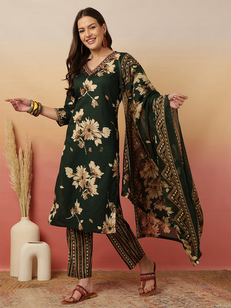 Women Green Cotton Printed Adda Work Staright Kurta with Printed Trouser & Dupatta