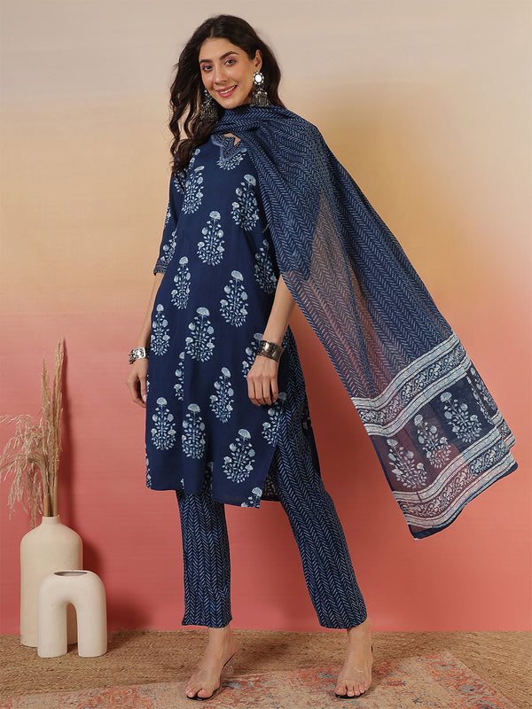 Women Blue Cotton Yoke Design Kurta With Trouser & Dupatta