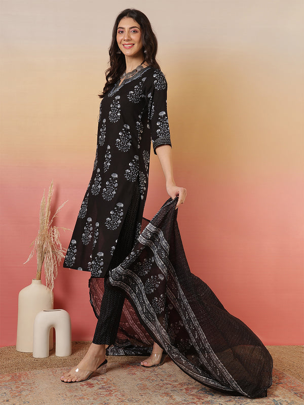 Women Black Cotton Yoke Design Kurta With Trouser & Dupatta