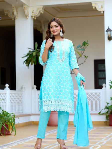 Women cotton Schiffli embroidered Kurta with Trouser & Dupatta