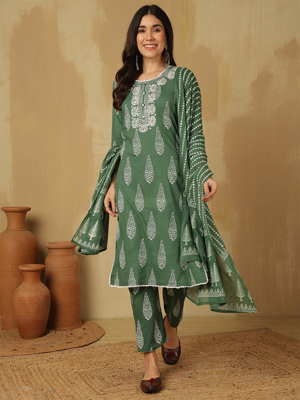 Women Green Regular Wear Kurta With Trouser & Dupatta