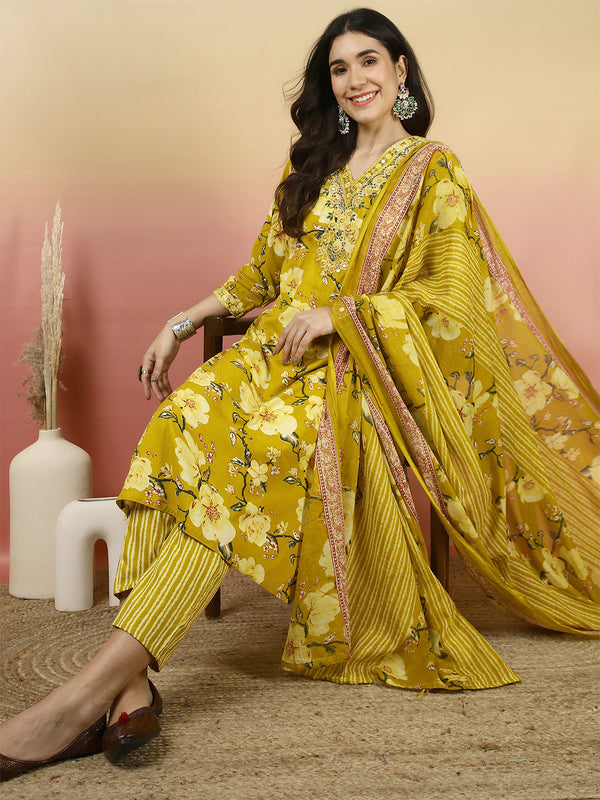 Women Yellow Floral Printed Yoke Embroidery V-neck Kurta with Trouser & Dupatta