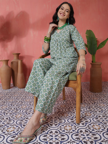 Women Green Cotton Flex Printed Top with Trouser Co-ord Set