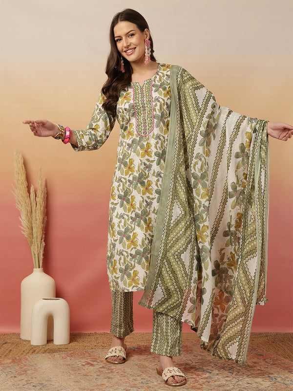 Women Olive Green Printed Yoke Embroidery Kurta with Trouser & Dupatta