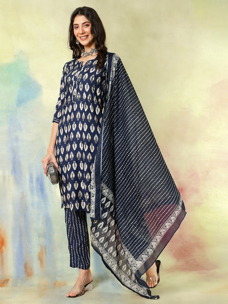 Women Blue Viscose Rayon Discharge Printed Kurta with Trouser & Dupatta