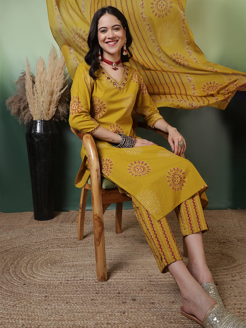 Women Pure Cotton Mustard Hand Work Yoke Printed Kurta with Trouser & Dupatta