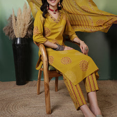 Women Pure Cotton Mustard Hand Work Yoke Printed Kurta with Trouser & Dupatta