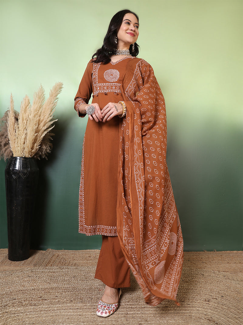 Women Cotton Bandhani Printed Kurta with Trouser & Dupatta