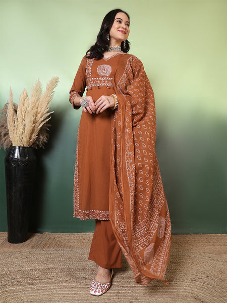 Women Brown Cotton Bandhani Printed Kurta with Trouser & Dupatta