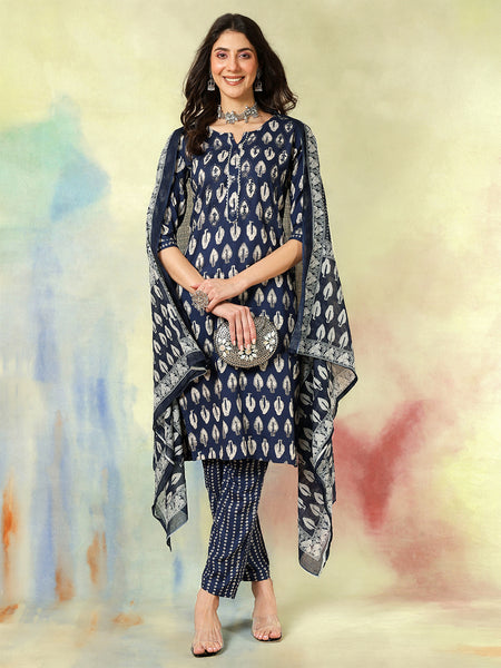 Women Blue Viscose Rayon Discharge Printed Kurta with Trouser & Dupatta