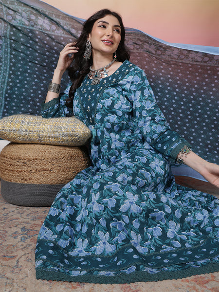 Women Blue Cotton Printed Anarkali Hand work Yoke with Trouser & Dupatta