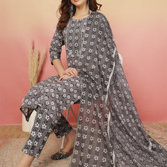 ANAISA Women Viscose Rayon Round Neck, Calf Length, Printed Kurta with Trouser & Dupatta
