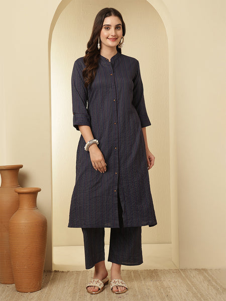 Blue Katha Striped Printed A-line Kurta with Trouser