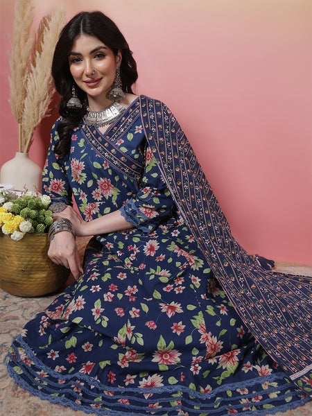 Women Blue Cotton Floral Printed Hand Work Anarkali Kurta with Trouser & Dupatta