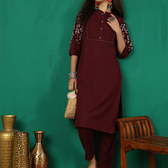 Women Maroon Silk Kurta with Trouser & Dupatta