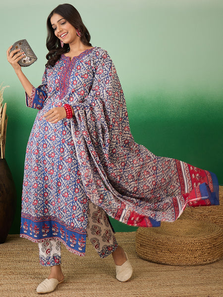 Women Cotton Blue & Red Straight Kurta with Afgani Pant & Dupatta