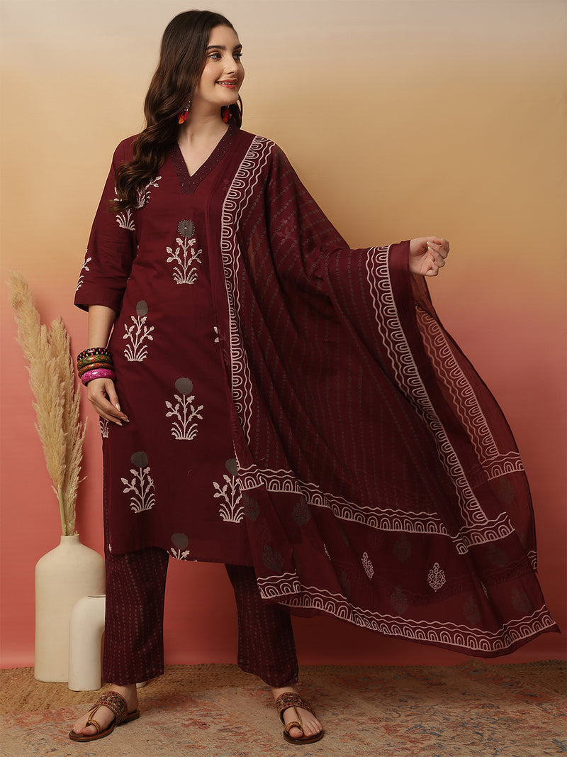 Women Maroon Cotton Printed V-neck Kurta with trouser & Dupatta