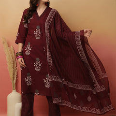 Women Maroon Cotton Printed V-neck Kurta with trouser & Dupatta