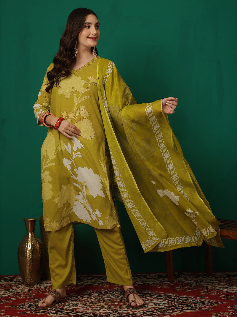 Women Cotton Printed Patch Work Kurta with Trouser & Dupatta