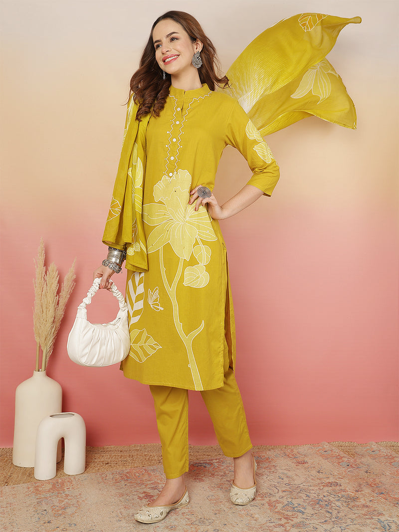 ANAISA Women Cotton Placement Print Straight Kurta with Trouser & Dupatta