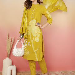 ANAISA Women Cotton Placement Print Straight Kurta with Trouser & Dupatta