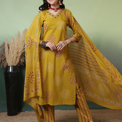 Women Pure Cotton Mustard Hand Work Yoke Printed Kurta with Trouser & Dupatta