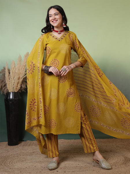 Women Pure Cotton Mustard Hand Work Yoke Printed Kurta with Trouser & Dupatta
